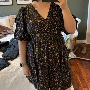 Madewell Black V-Neck Mini Dress with Pink and Orange Floral Print